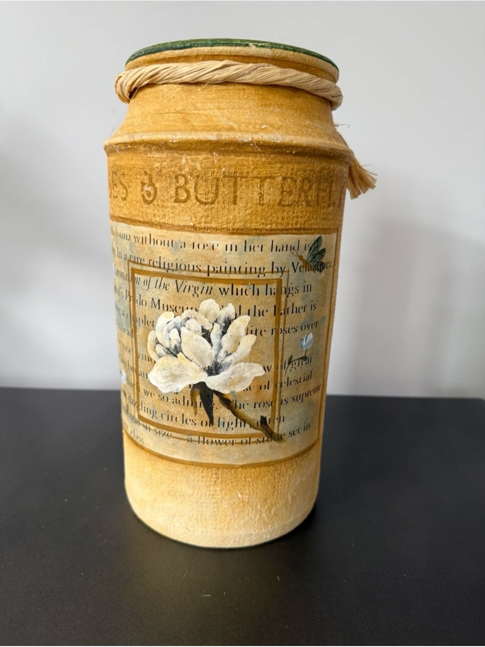 Decorative Yellow Floral Accent Jar with Raffia Trim